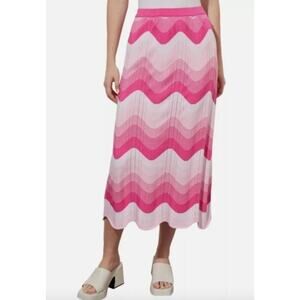 Ming Wang Chevron Knit Midi Skirt Pink Striped Ombre Stretch Pull On XL NWT